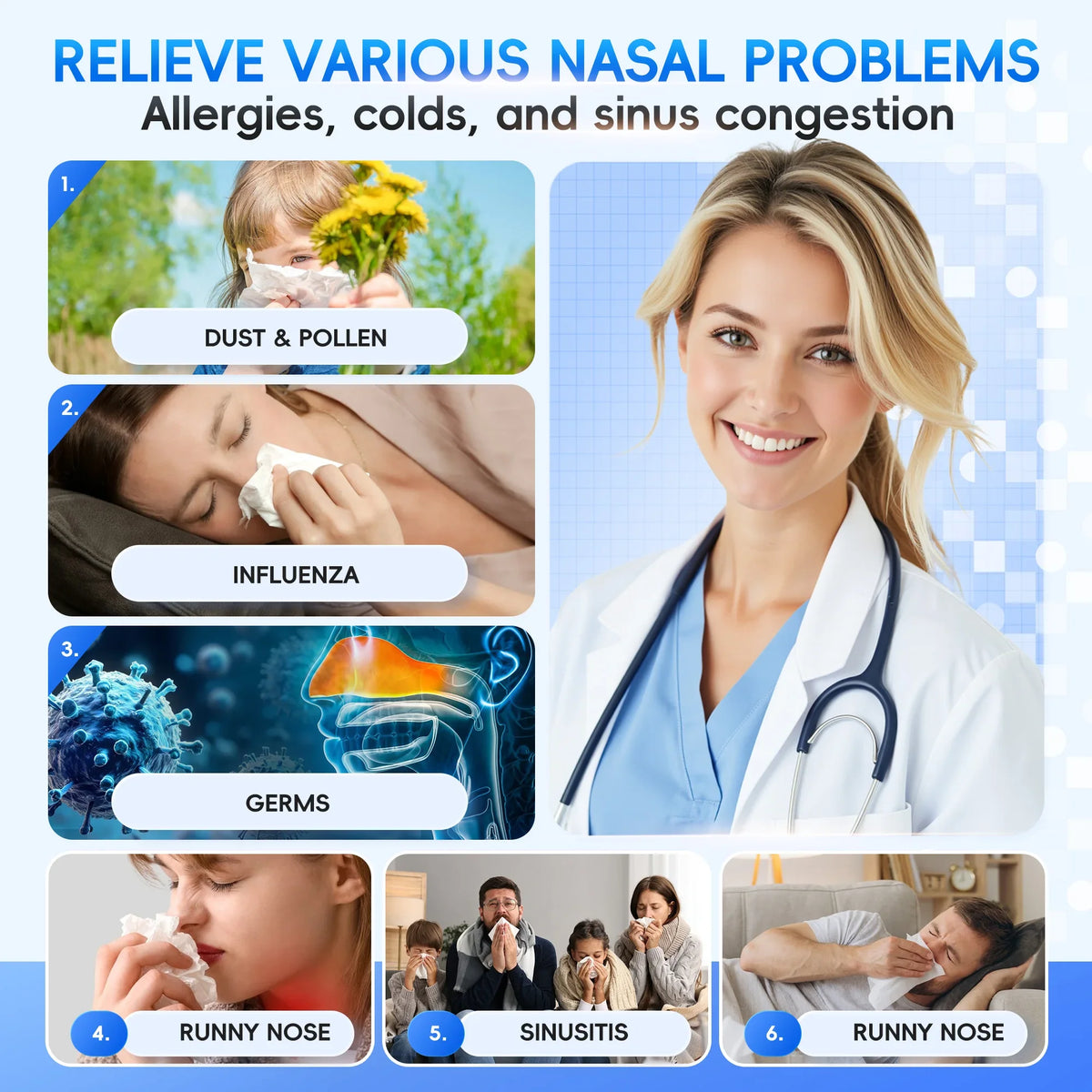 Sinus allergy relief nasal irrigation system for easy congestion care