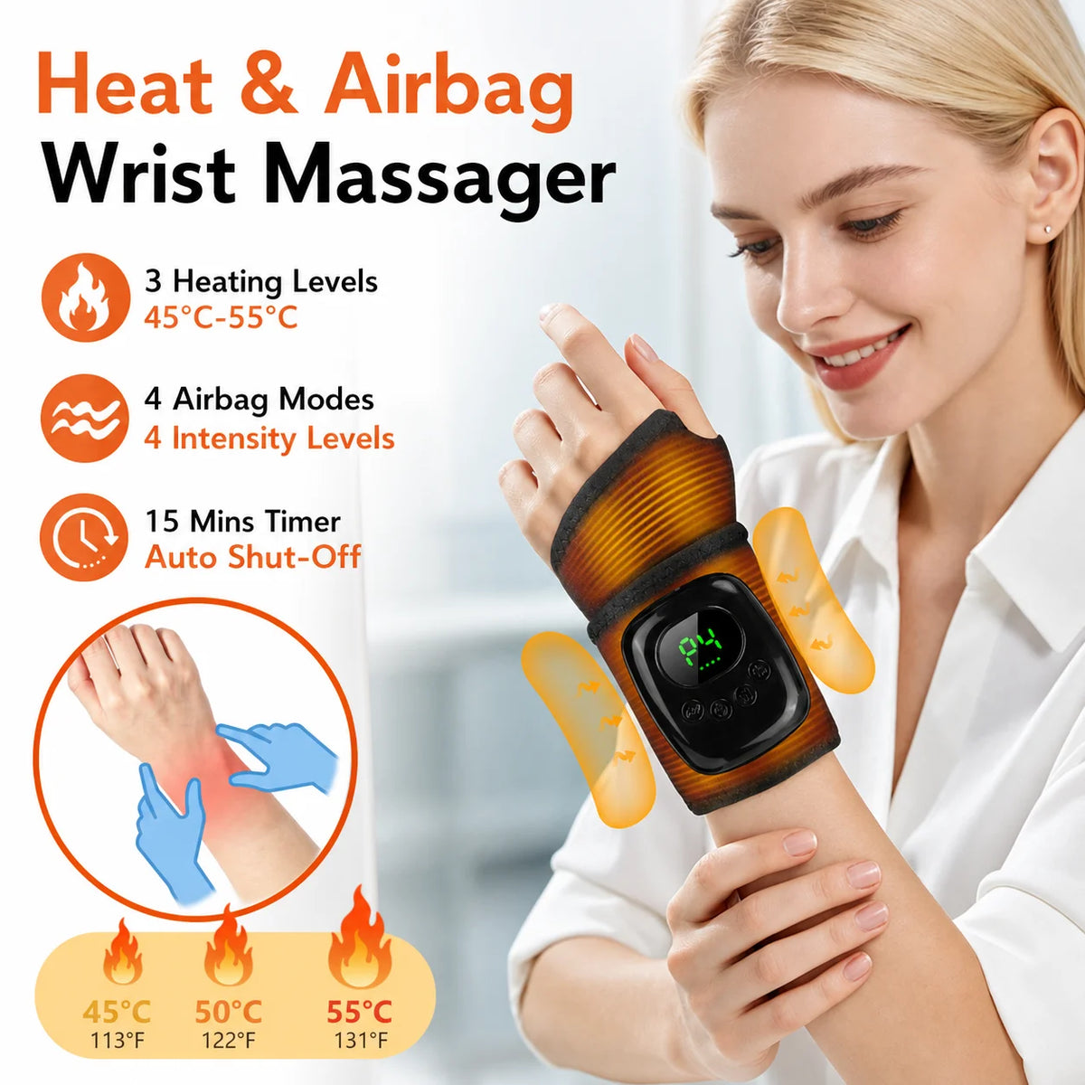 At home Cordless Wrist Massager with heat therapy and air compression
