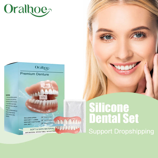 Eating comfortably with silicone denture set for broken teeth