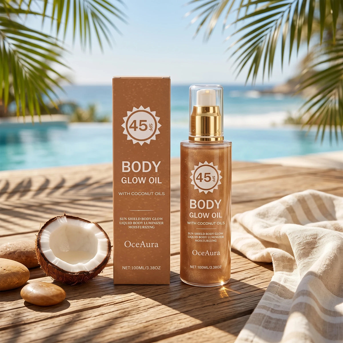 Beach days glowing body oil with SPF 45 coconut protection