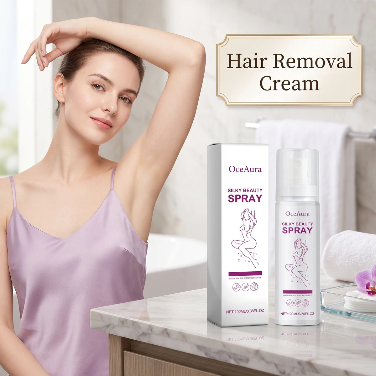 Bathroom body hair removal spray for smooth skin without razor irritation