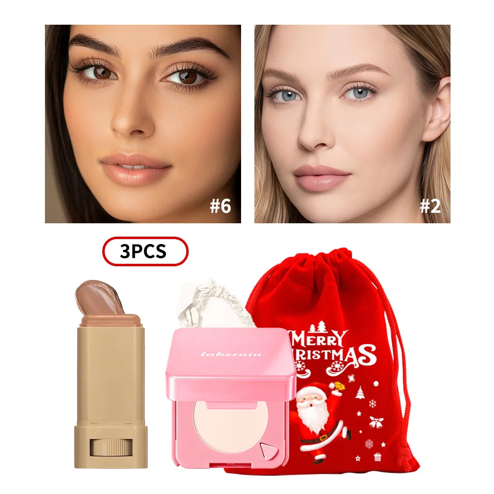 Christmas Gift Foundation Stick Pressed Powder Cosmetic Set Long Lasting