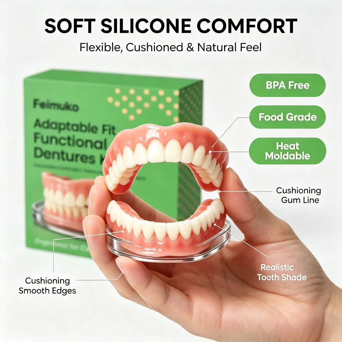 Daily Smile Soft Silicone Snap On Dentures Full Set Instant Comfort Fit