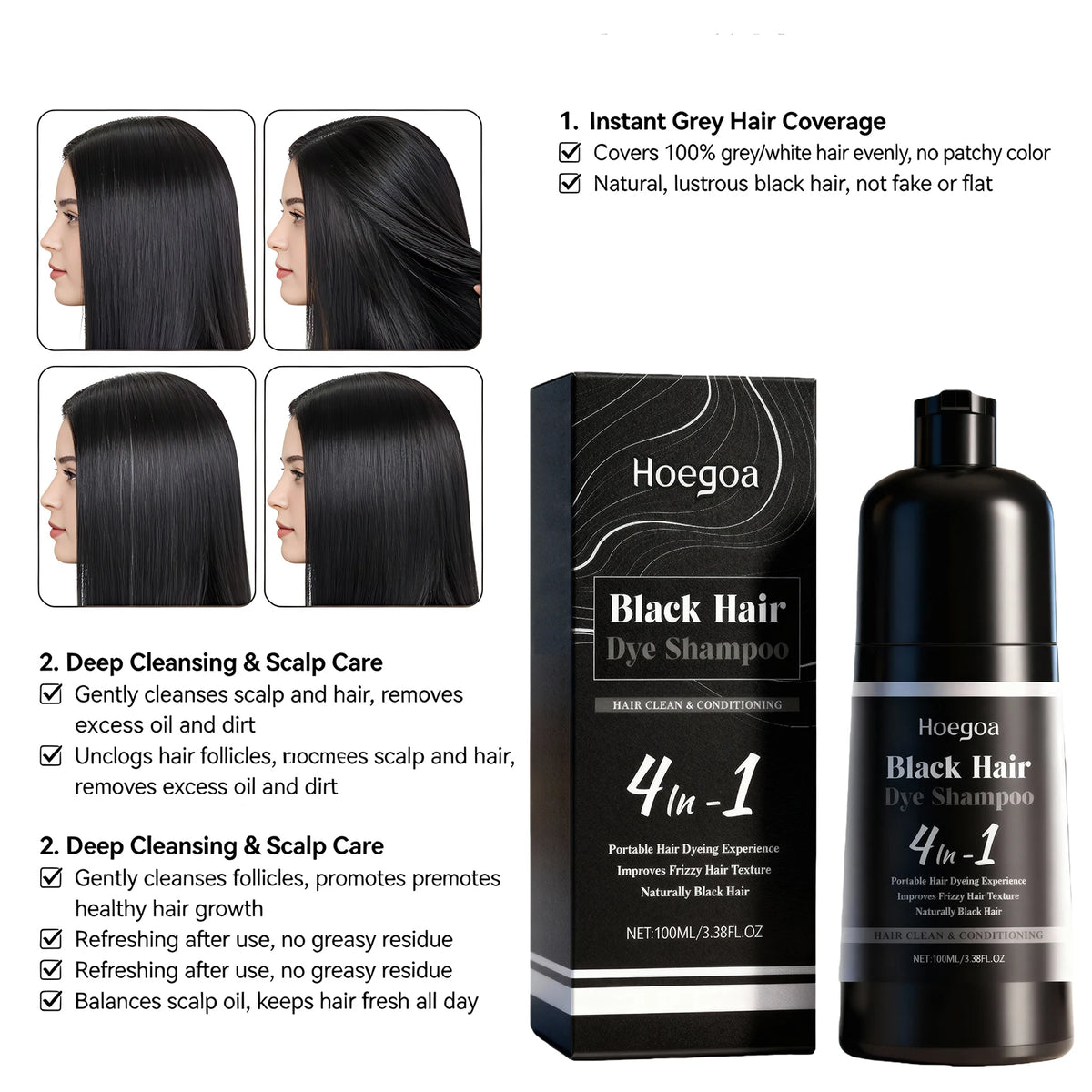Bathroom Hair Care Black Hair Dye Shampoo for Gray Coverage and Shine
