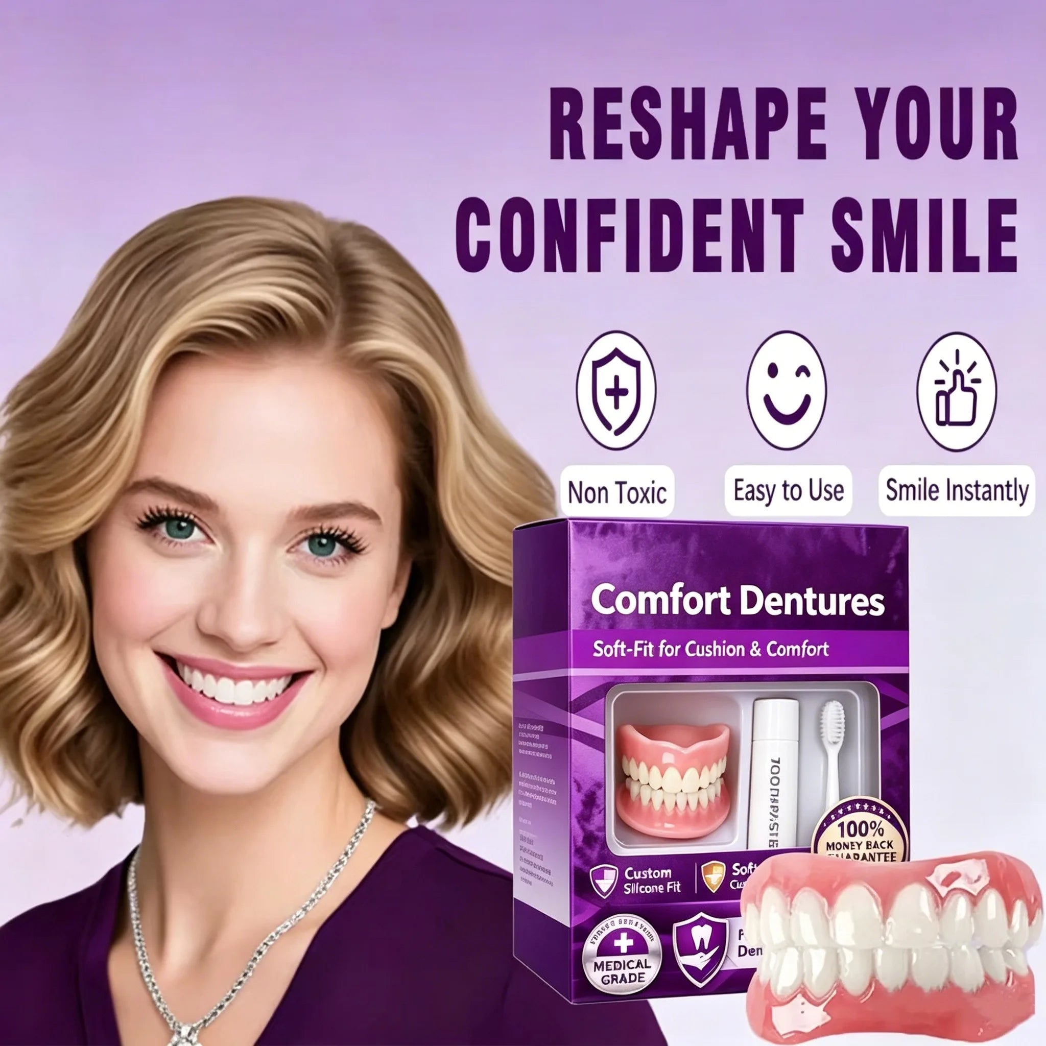 Daily Smile Adult Silicone Dentures Full Set for Instant Comfort - 3