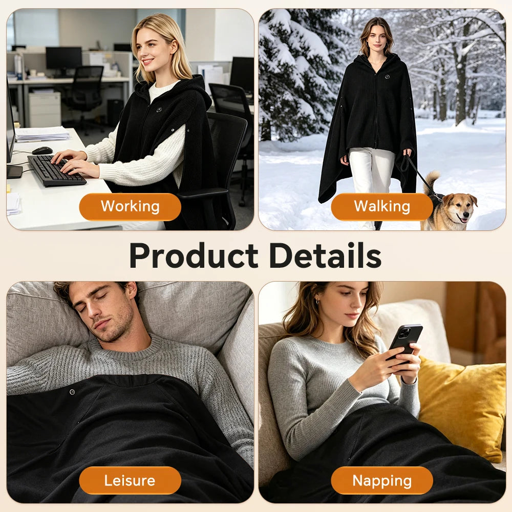 Winter Office Heated Shawl Blanket with Hood and Three Temperature Levels