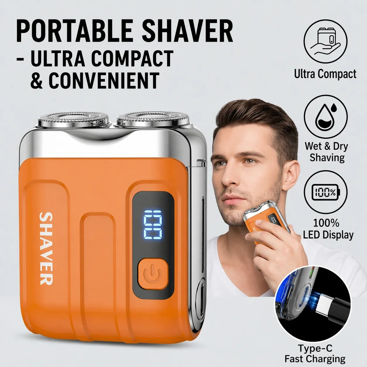 Travel Electric Shaver Dual Head LED Display Cordless Portable Razor