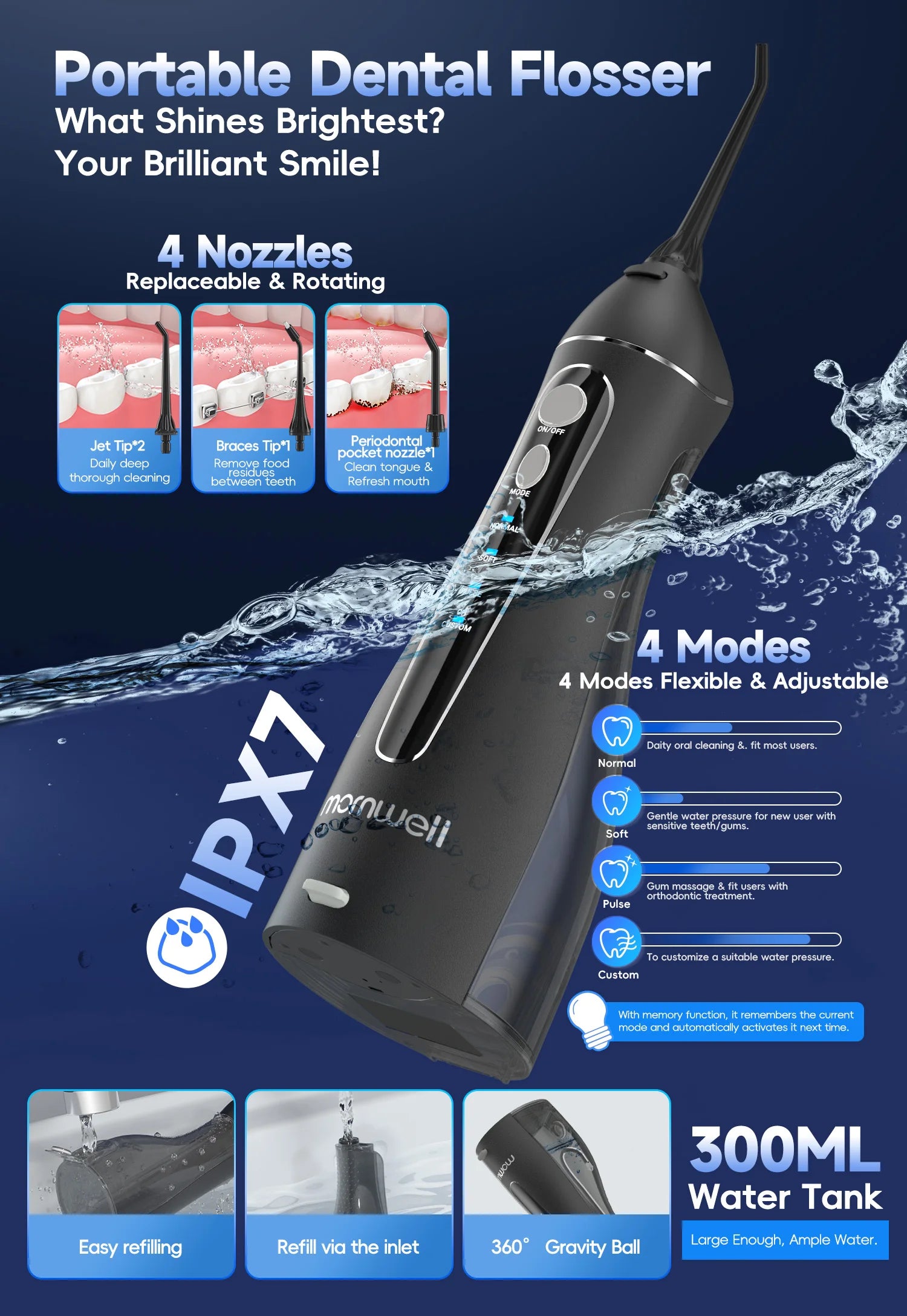 Bathroom Oral Care Portable Water Flosser with 4 Modes and 4 Nozzles - 10