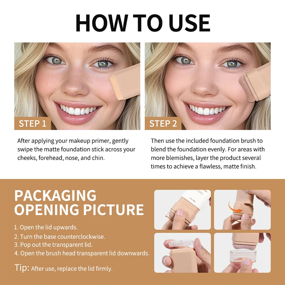 Travel makeup routine Matte Foundation Stick for smooth coverage