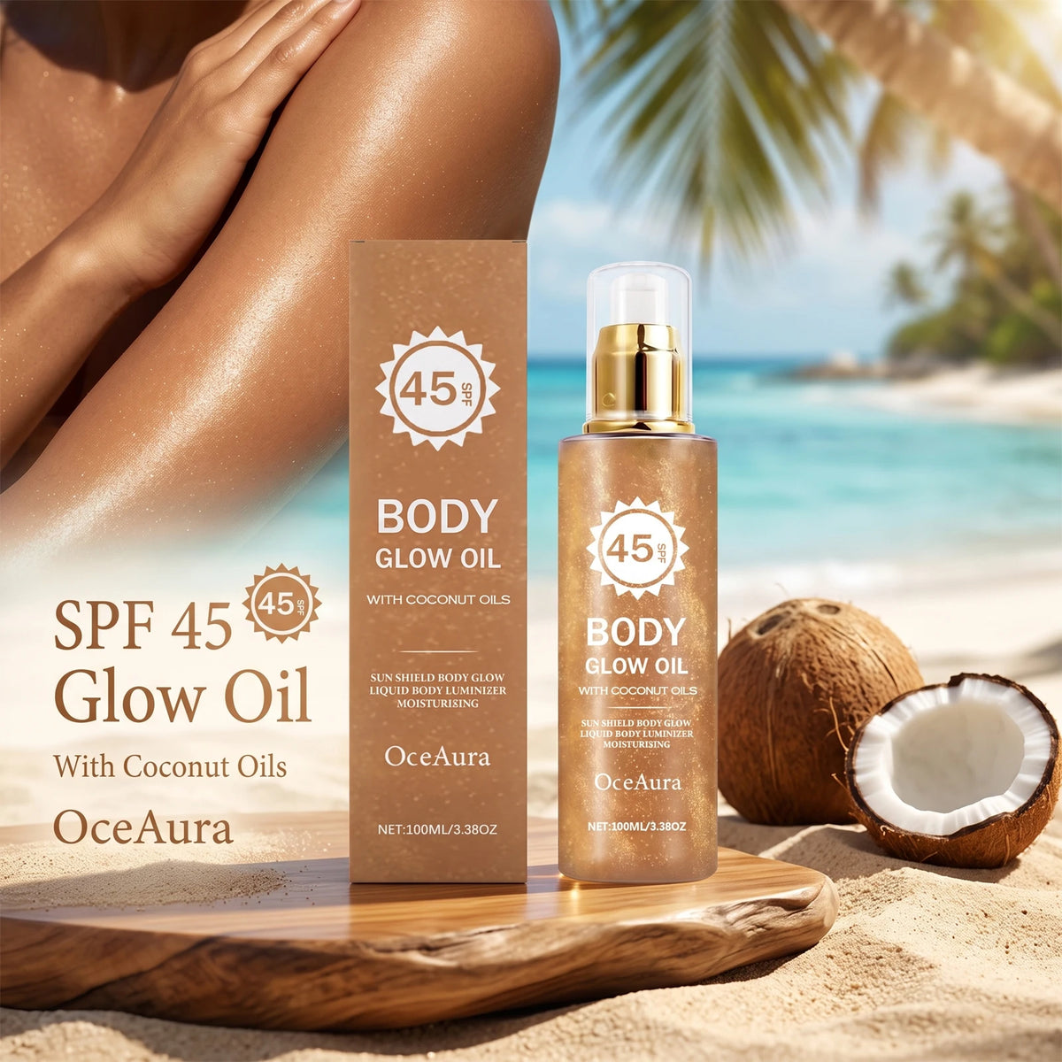 Beach days glowing body oil with SPF 45 coconut protection