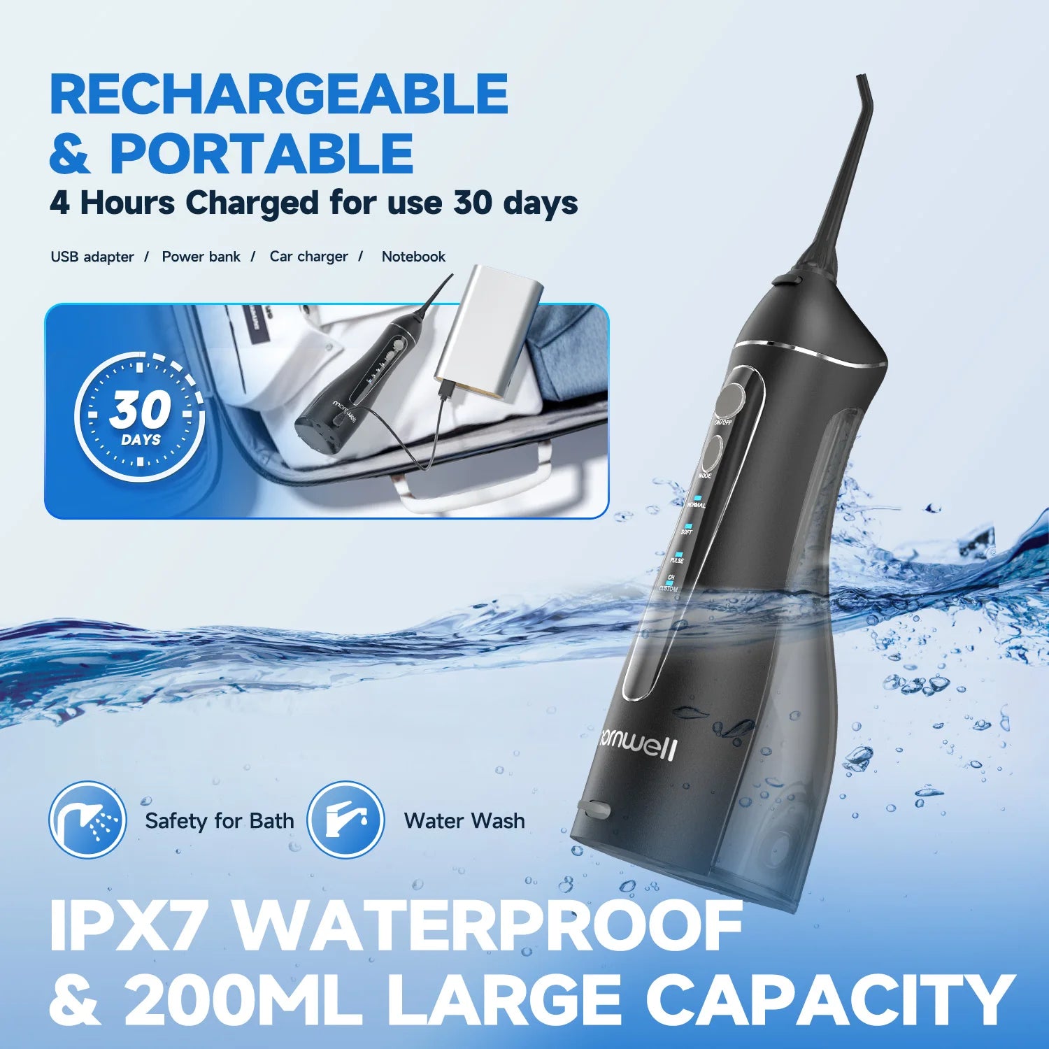 Bathroom Oral Care Portable Water Flosser with 4 Modes and 4 Nozzles - 6