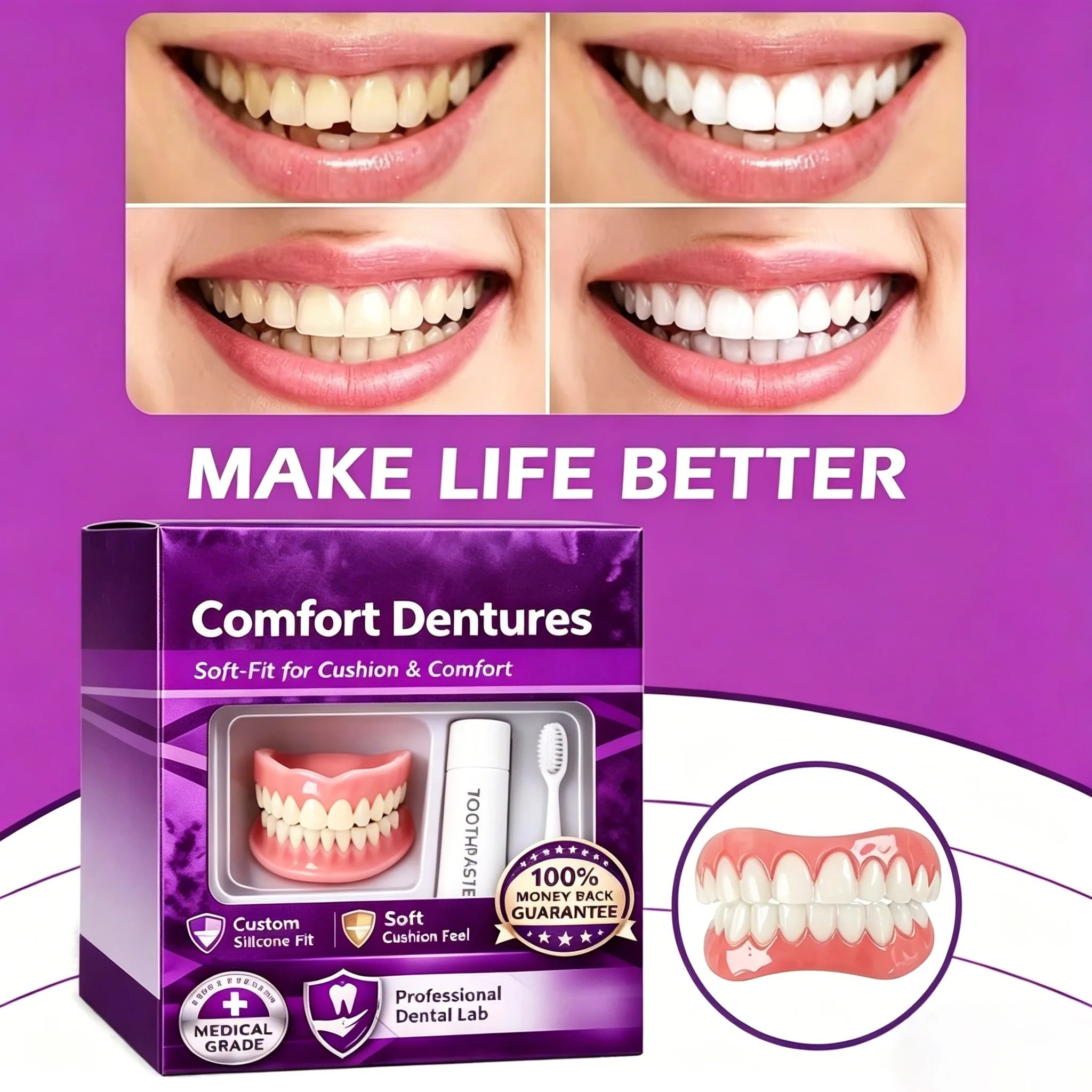 Daily Smile Adult Silicone Dentures Full Set for Instant Comfort - 6