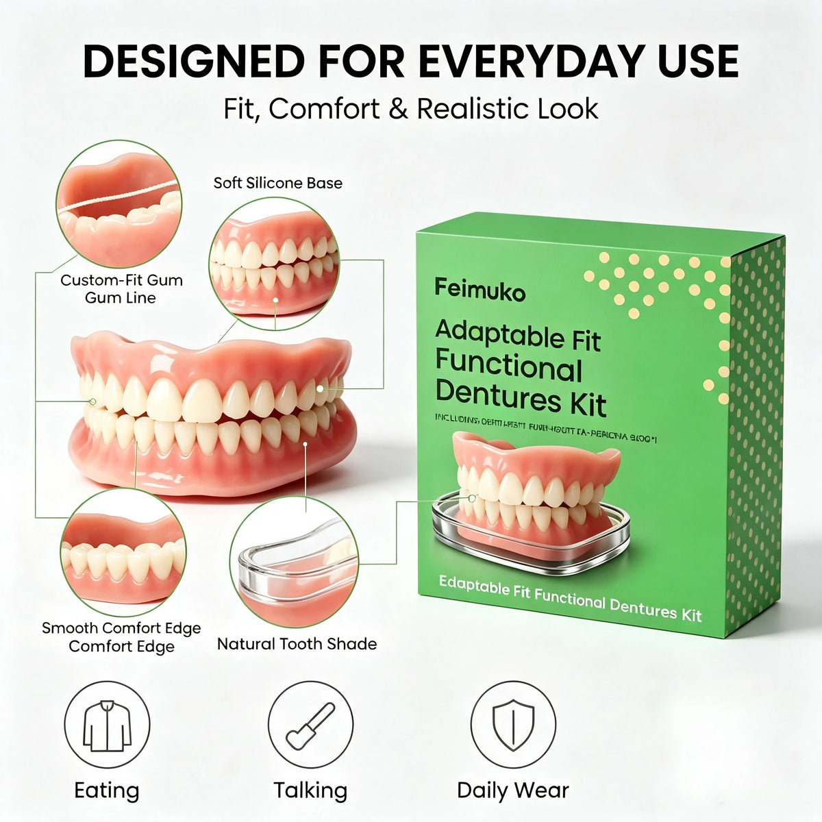 Daily Smile Soft Silicone Snap On Dentures Full Set Instant Comfort Fit