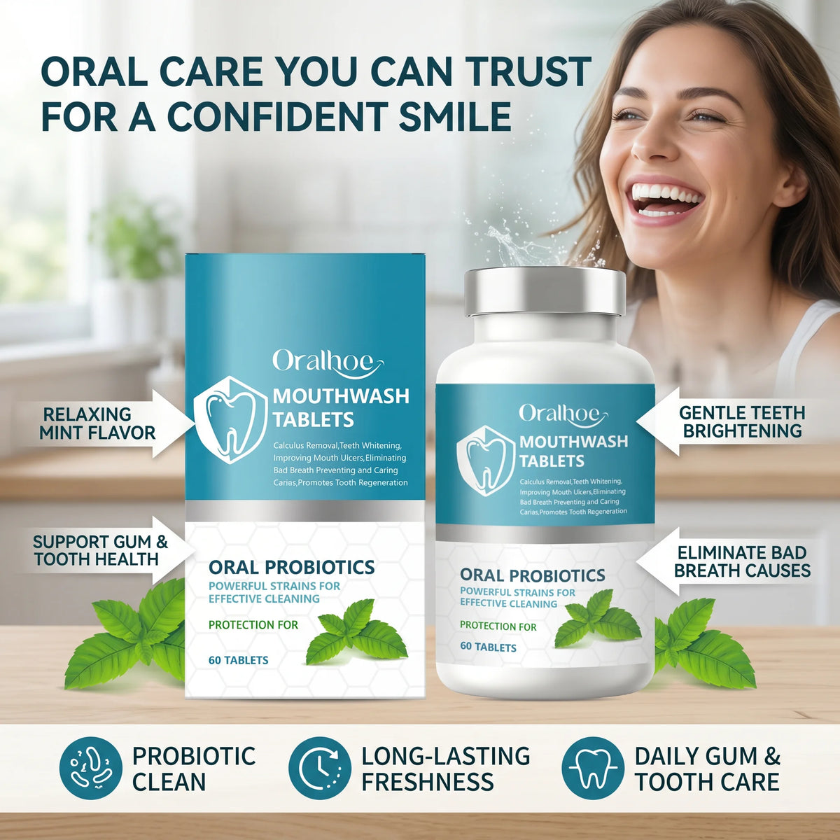 Daily Dental Care Mouthwash Tablets for Fresh Breath and Bright Smile