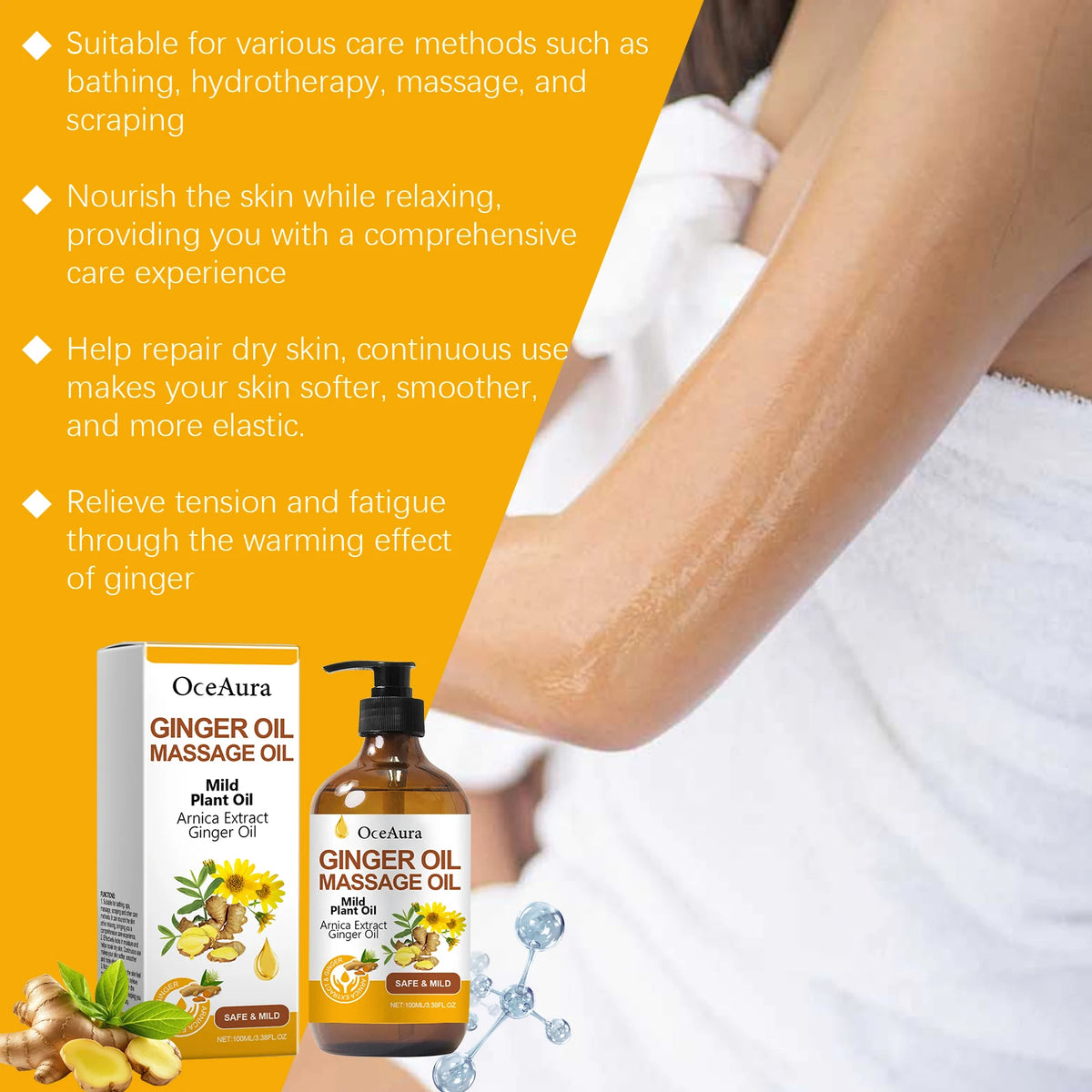 Relaxing at home with ginger massage oil for smooth skin and tension relief